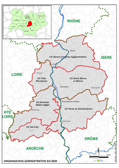 Carte du SCoT avec le périmètre des 6 intercommunalités membres et son positionnement dans la Région Auvergne Rhône-Alpes