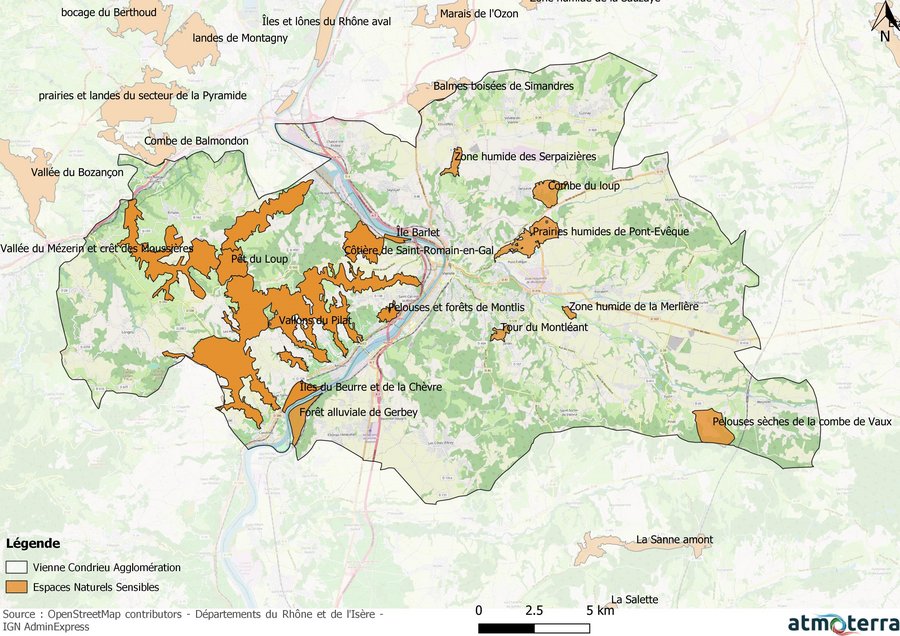 Carte des espaces naturels sensibles sur le territoire de Vienne Condrieu Agglomération.