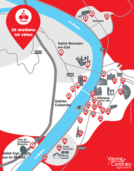 Carte montrant les emplacements des 29 stations de vélos en libre-service Fredo, sur Vienne, Sainte-Colombe, Saint-Cyr-sur-le-Rhône et Saint-Romain-en-Gal