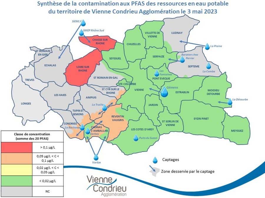 Carte des points de captages d'eau de l'Agglo et communes desservies