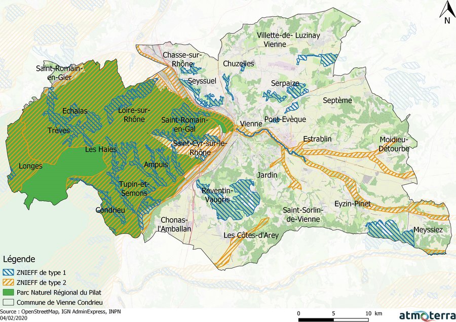 Carte du territoire de Vienne Condrieu Agglomération illustrant les zones naturelles d'intérêt écologique faunistique et floristique (ZNIEFF). 