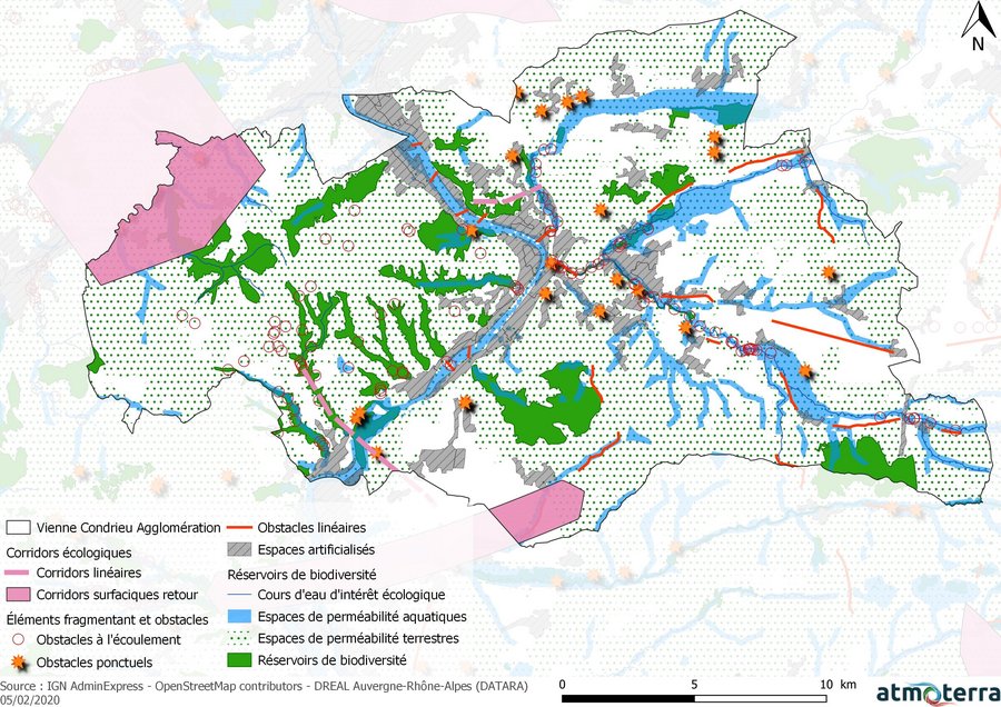 Carte des réservoirs de biodiversité et corridors écologiques sur le territoire de Vienne Condrieu Agglomération. 