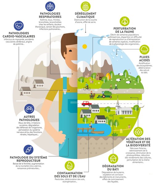 dessin représentant un cercle avec un homme et diverses pathologies fléchées sur son corps dans le demi cercle à gauche puis divers impacts fléchés sur un paysage dans le demi cercle à droite