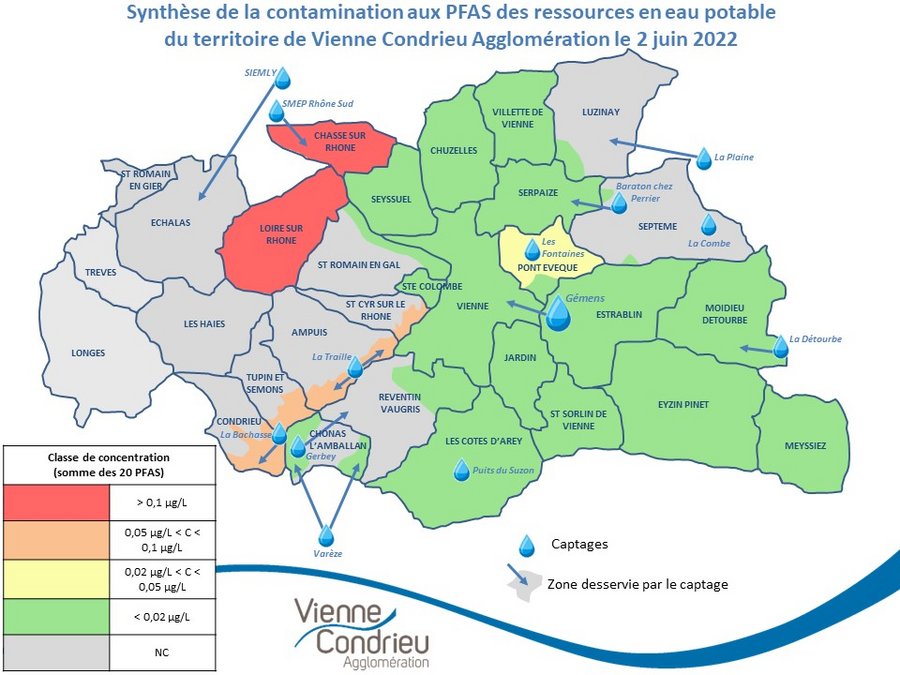 Carte des points de captages d'eau de l'Agglo et communes desservies